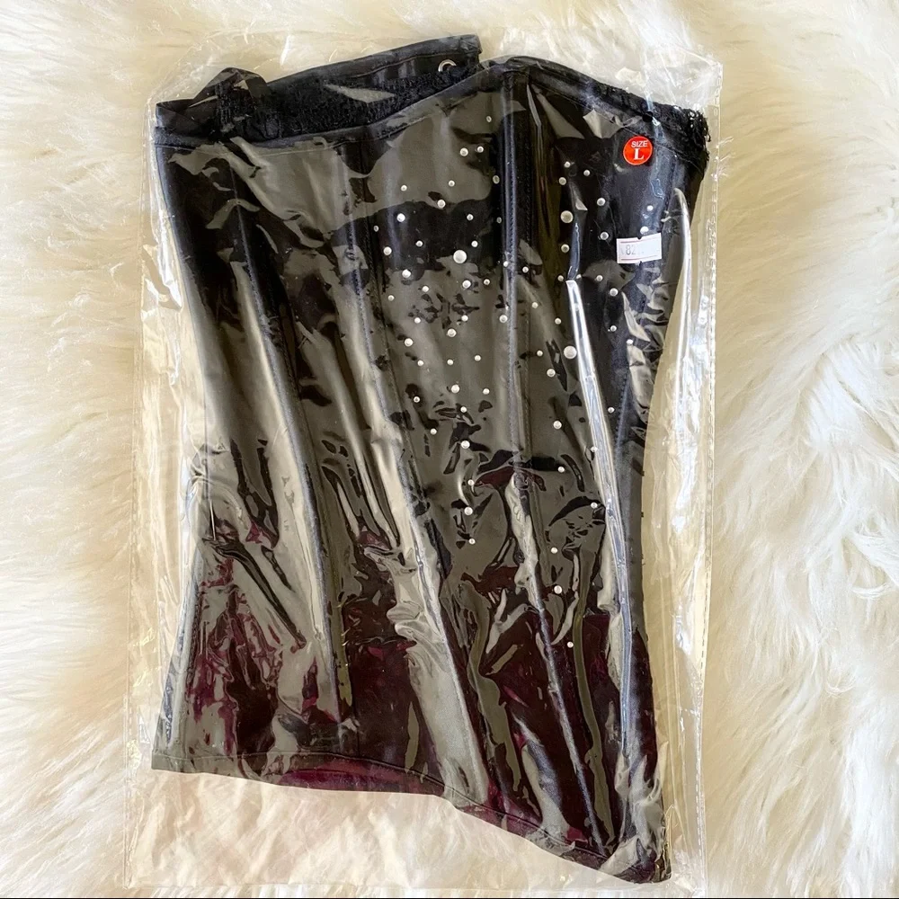 Black Corset with Rhinestones Diamante  with Adjustable Lace Up Back L - Picture 3 of 5